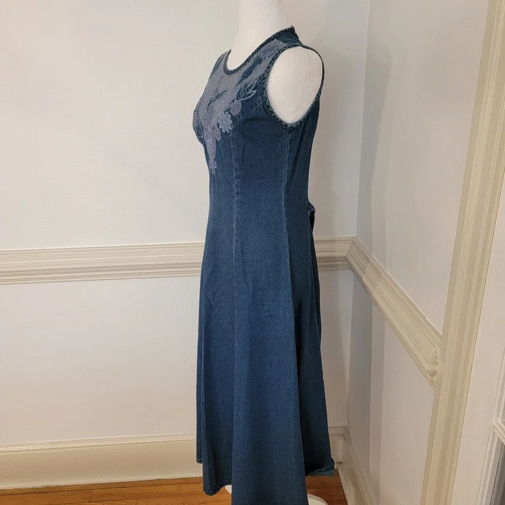 Vintage Styleworks Denim Maxi‎ Dress Blue Embroidered Mesh Floral Boho Women's 4 - Picture 3 of 12